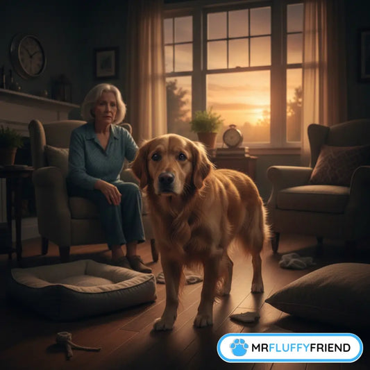 Senior Golden Retriever standing in a living room at sunset appearing confused, illustrating Sundowners Syndrome in dogs.