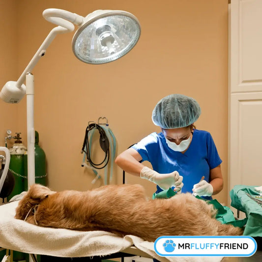 Featured image for a blog: "Should I Put My Old Dog Through Surgery?" with a veterinarian in blue scrubs and a mask performing surgery on a dog