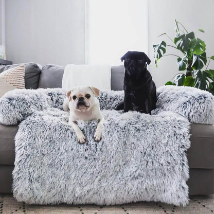 Two small dogs lounging on a couch with a fluffy couch cover for dogs and cats
